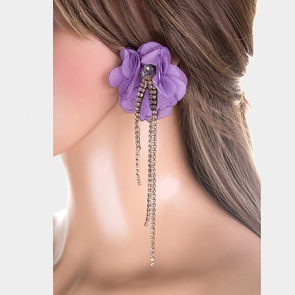 NEW Purple Fabric Flower Drop Crystal Rhinestone Earrings - Picture 9 of 9